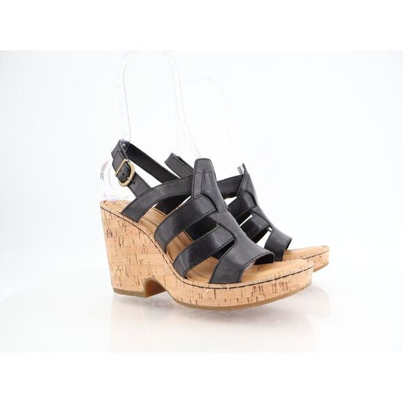 Born Womens Bernese Cork Wedge Sandals Slingback Black Leather Strappy Size 10M - Picture 1 of 12